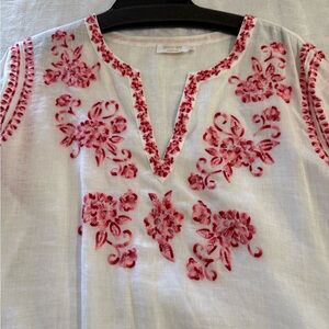 Johnny Was Floral Embroidered Blouse in White and Red